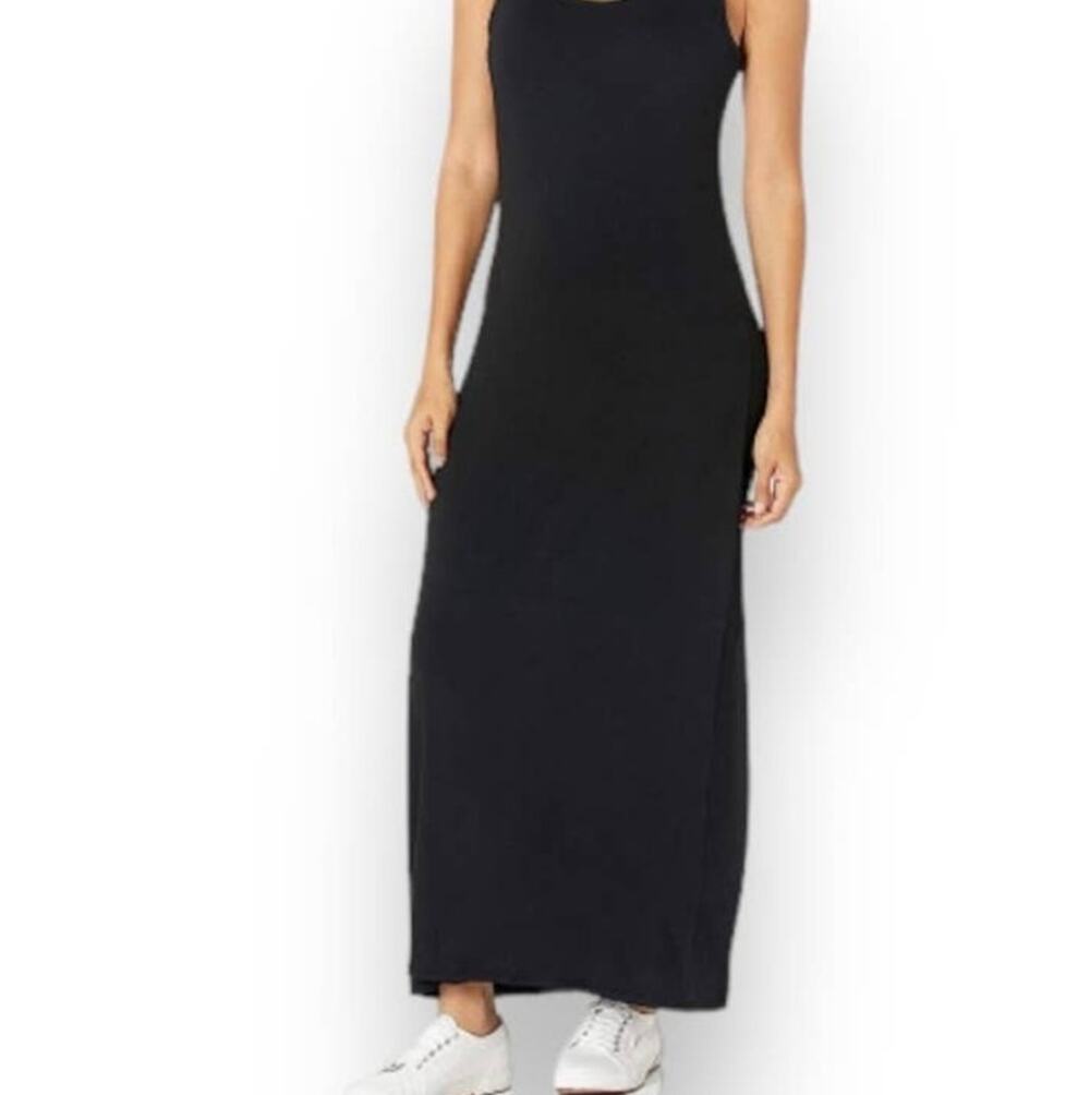 Black ribbed knit maxi dress, women's large stretchy sleeveless scoop neck maxi
